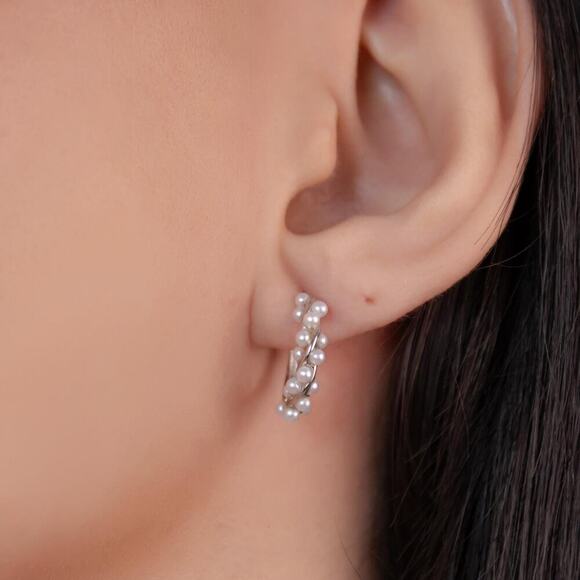 Sterling Silver Pearl Huggie Hoop Earrings: Dainty Minimalist Jewelry - Picture 1 of 7